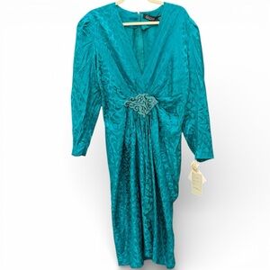 vintage deadstock 80s teal silk beaded jacquard midi dress